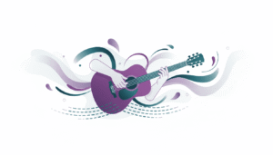 Pessoa aprendendo violão em ambiente criativo com elementos visuais abstratos relacionados ao ritmo, prática e desenvolvimento musical