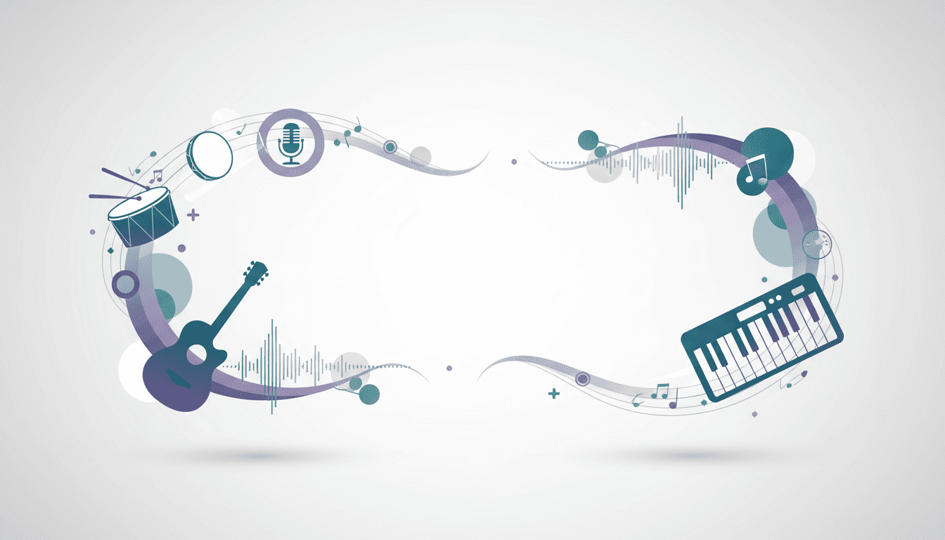 Pessoa iniciando os estudos musicais em ambiente criativo com instrumentos e elementos visuais abstratos relacionados ao aprendizado de música