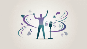 Pessoa desenvolvendo a voz em aula de canto com elementos visuais abstratos relacionados à técnica vocal e expressão musical