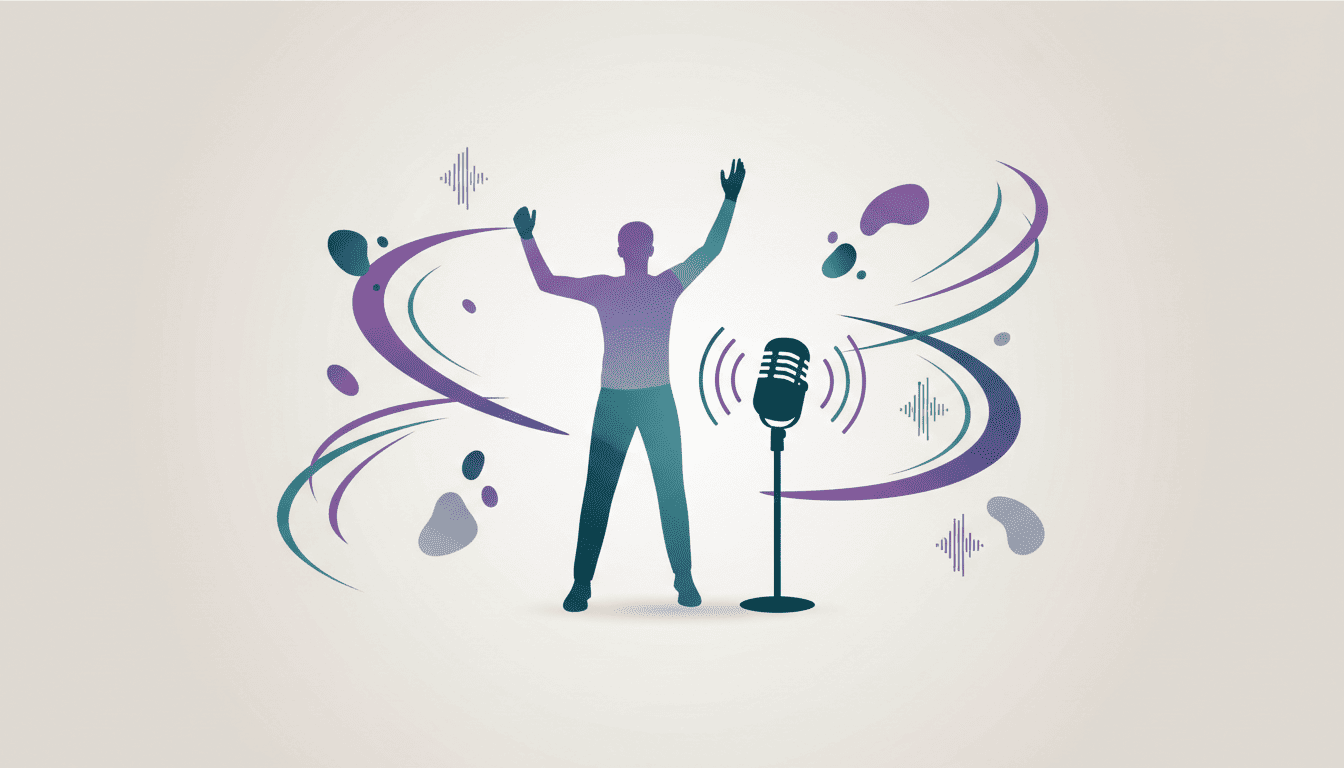 Pessoa desenvolvendo a voz em aula de canto com elementos visuais abstratos relacionados à técnica vocal e expressão musical