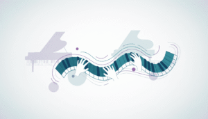 Pessoa aprendendo piano em ambiente criativo com elementos visuais abstratos relacionados à coordenação, prática e desenvolvimento musical