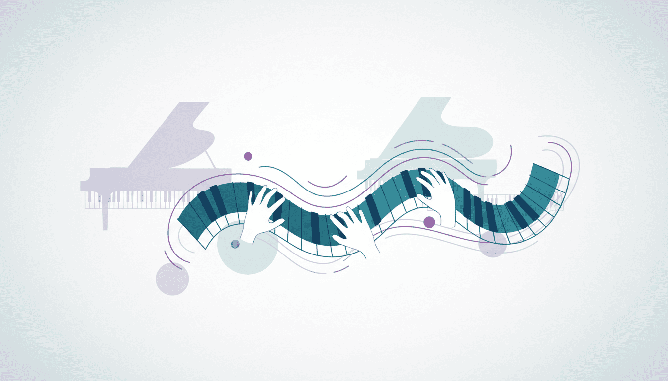 Pessoa aprendendo piano em ambiente criativo com elementos visuais abstratos relacionados à coordenação, prática e desenvolvimento musical