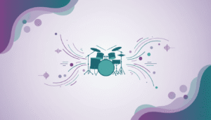 Pessoa aprendendo bateria em ambiente criativo com elementos visuais abstratos relacionados ao ritmo, coordenação e prática musical