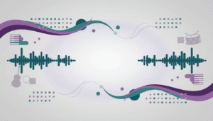 Ambiente criativo com elementos visuais abstratos relacionados à teoria musical, ritmo, harmonia e aprendizado de música