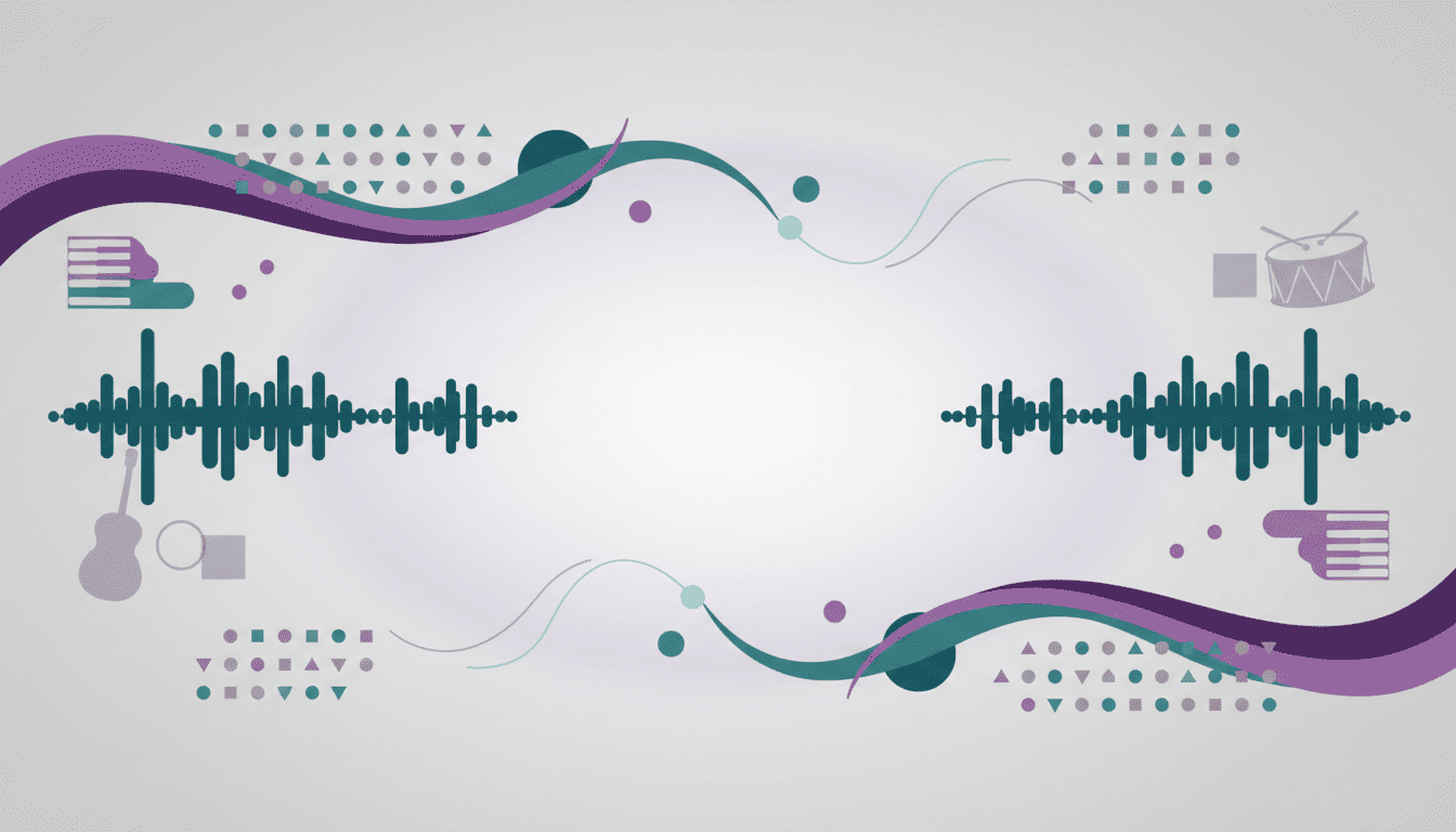 Ambiente criativo com elementos visuais abstratos relacionados à teoria musical, ritmo, harmonia e aprendizado de música