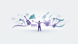 Pessoa escolhendo o primeiro instrumento em ambiente criativo com elementos visuais abstratos relacionados ao aprendizado de música