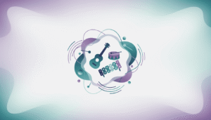 Criança aprendendo música em ambiente criativo com elementos visuais abstratos relacionados à musicalização e desenvolvimento infantil