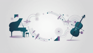 Ambiente de estudo musical com elementos visuais abstratos relacionados à prática, foco, constância e evolução no aprendizado