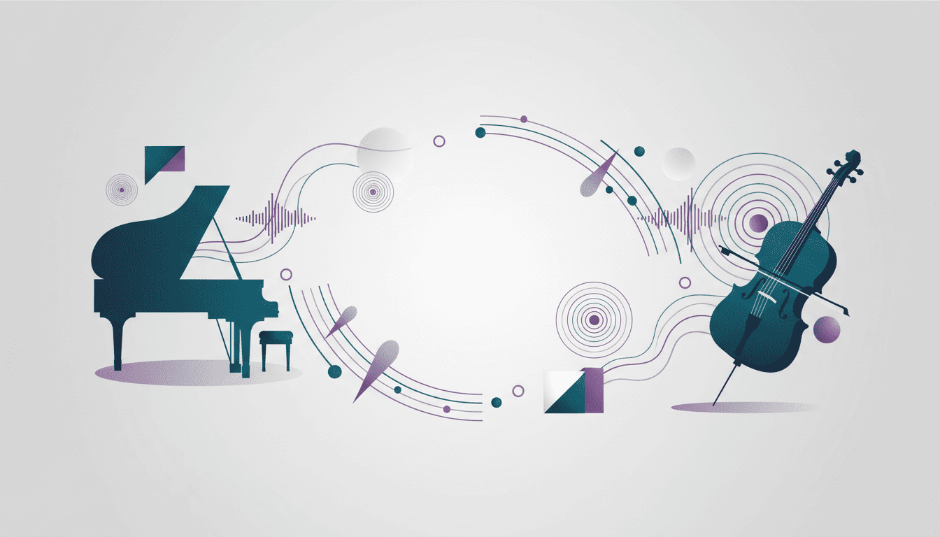 Ambiente de estudo musical com elementos visuais abstratos relacionados à prática, foco, constância e evolução no aprendizado