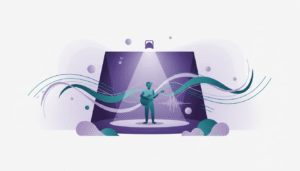 Pessoa cantando ou tocando em ambiente de apresentação com elementos visuais abstratos relacionados à confiança, expressão e performance musical