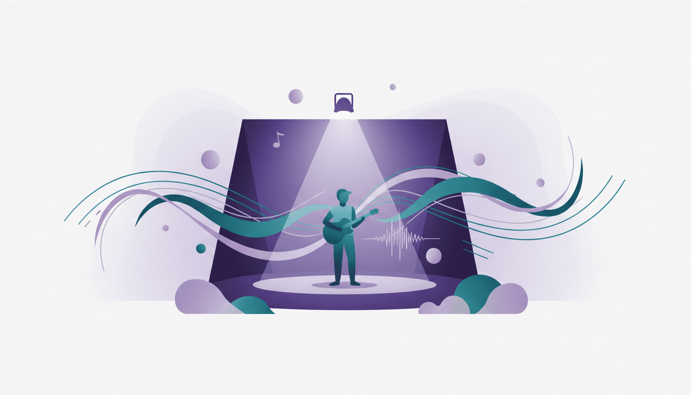 Pessoa cantando ou tocando em ambiente de apresentação com elementos visuais abstratos relacionados à confiança, expressão e performance musical