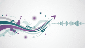 Ambiente criativo com elementos visuais abstratos relacionados à evolução musical, prática consciente e desenvolvimento artístico