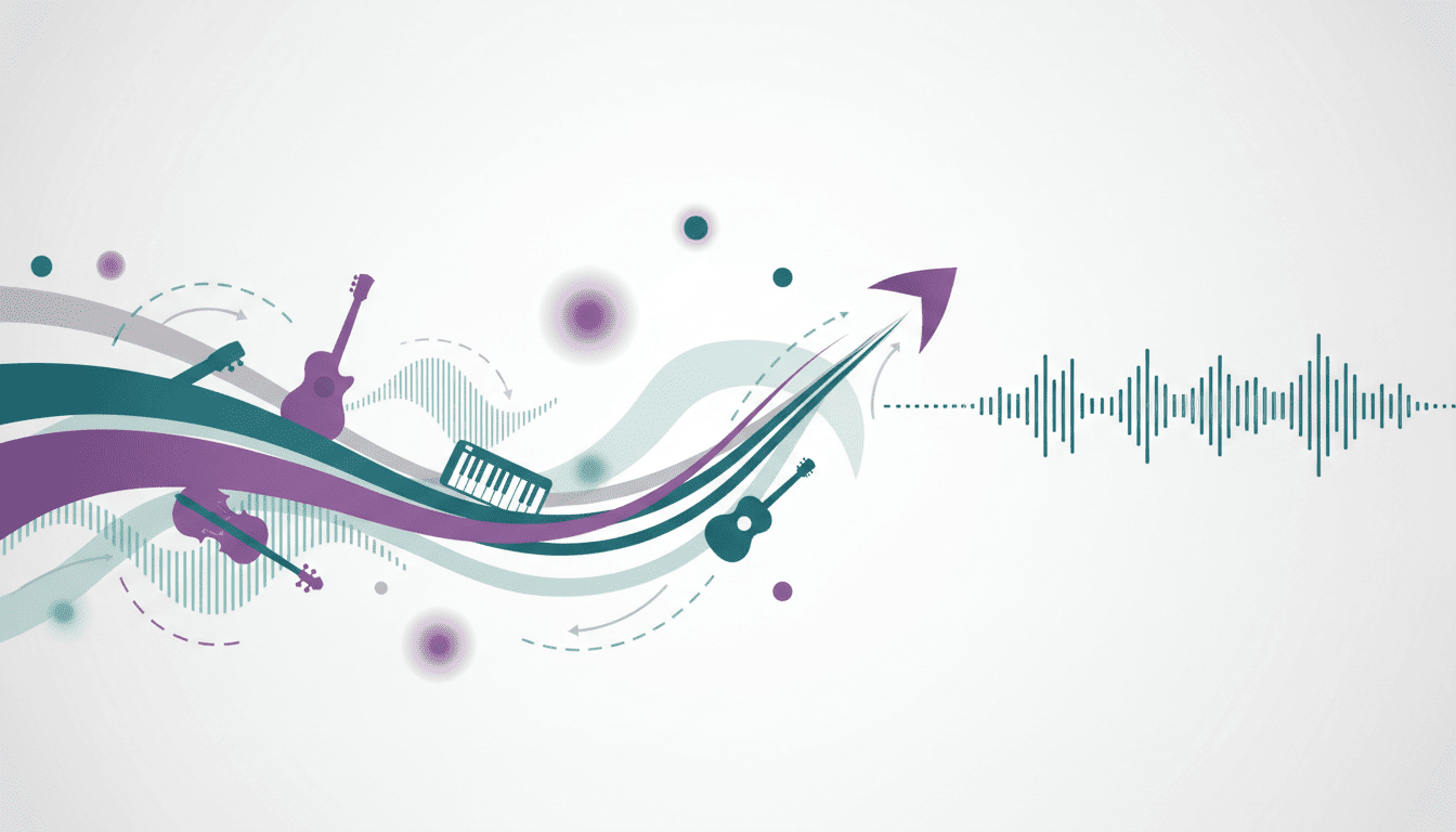 Ambiente criativo com elementos visuais abstratos relacionados à evolução musical, prática consciente e desenvolvimento artístico