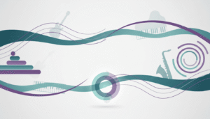 Ambiente de aprendizado musical com elementos visuais abstratos relacionados à frequência de aulas, constância e evolução no estudo da música