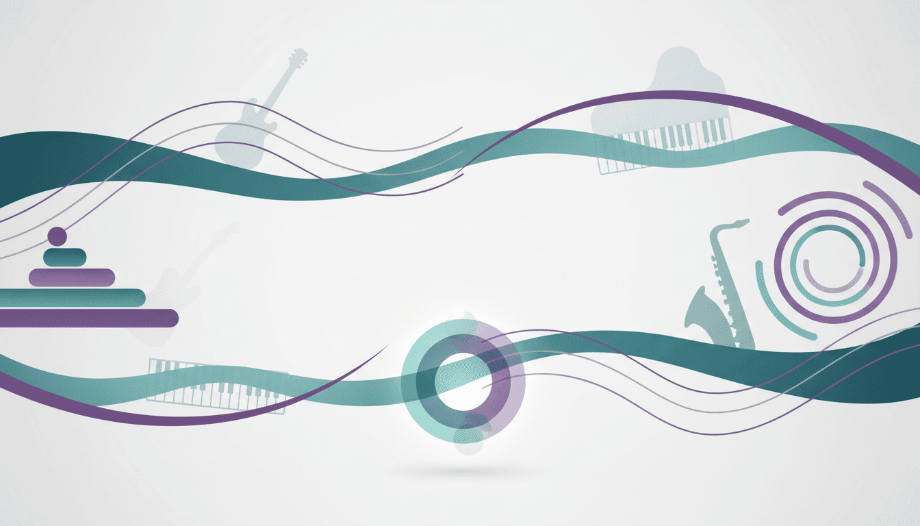 Ambiente de aprendizado musical com elementos visuais abstratos relacionados à frequência de aulas, constância e evolução no estudo da música