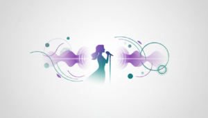 Pessoa cantando em ambiente criativo com elementos visuais abstratos relacionados à afinação vocal, escuta e desenvolvimento da voz