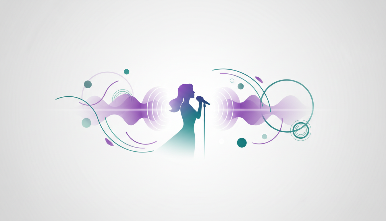 Pessoa cantando em ambiente criativo com elementos visuais abstratos relacionados à afinação vocal, escuta e desenvolvimento da voz