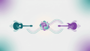 Pessoa escolhendo entre violão e guitarra em ambiente criativo com elementos visuais abstratos relacionados ao aprendizado musical