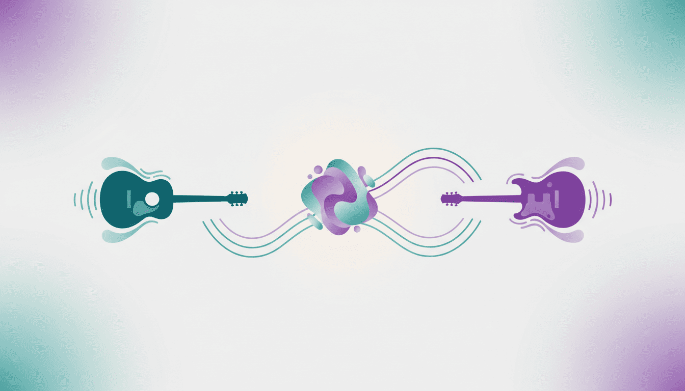 Pessoa escolhendo entre violão e guitarra em ambiente criativo com elementos visuais abstratos relacionados ao aprendizado musical