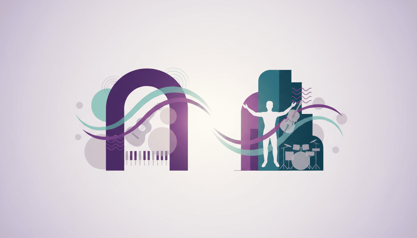 Ambiente de aprendizado musical com elementos visuais abstratos relacionados a aulas online e presenciais de música