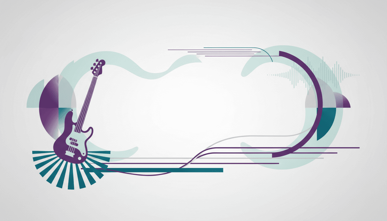 Pessoa aprendendo baixo em ambiente criativo com elementos visuais abstratos relacionados ao groove, ritmo e desenvolvimento musical