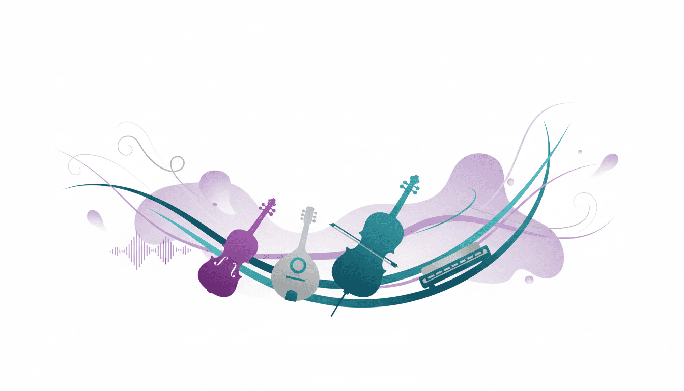 Pessoa explorando instrumentos de cordas e sopro em ambiente criativo com elementos visuais abstratos relacionados ao aprendizado musical