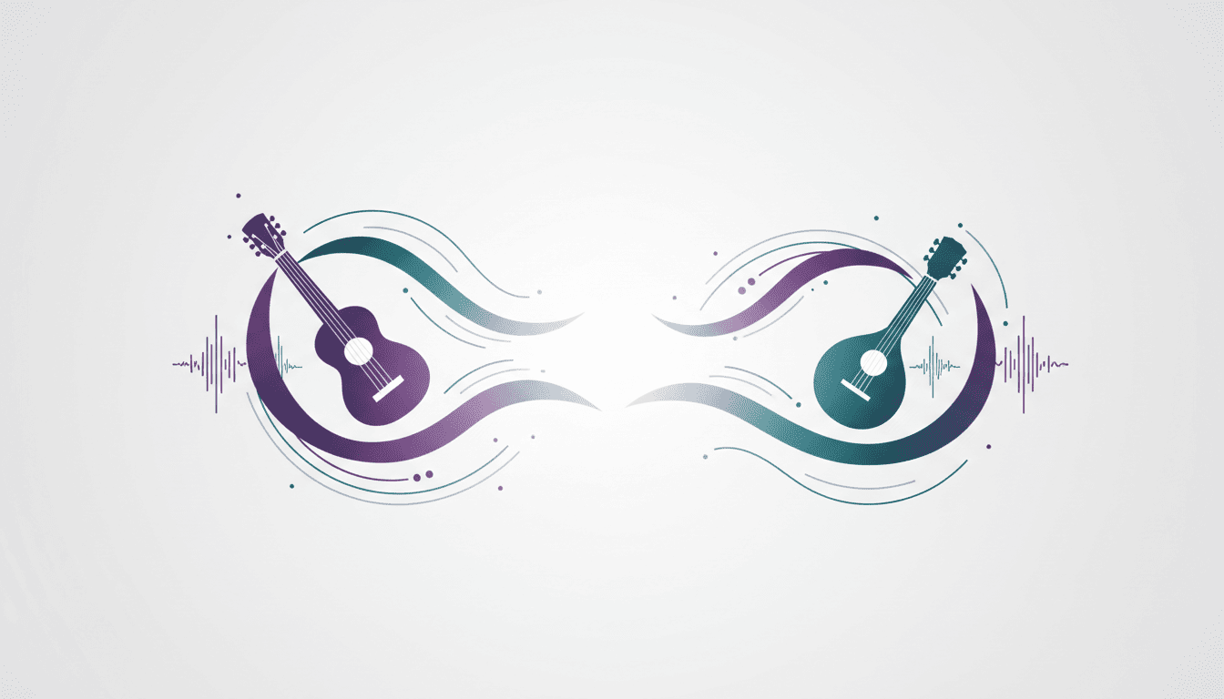 Pessoa escolhendo entre ukulele, cavaco e bandolim em ambiente criativo com elementos visuais abstratos relacionados ao aprendizado musical