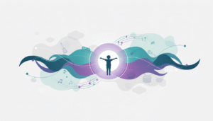 Pessoa começando aula de música em ambiente criativo com elementos visuais abstratos relacionados ao aprendizado e à descoberta musical